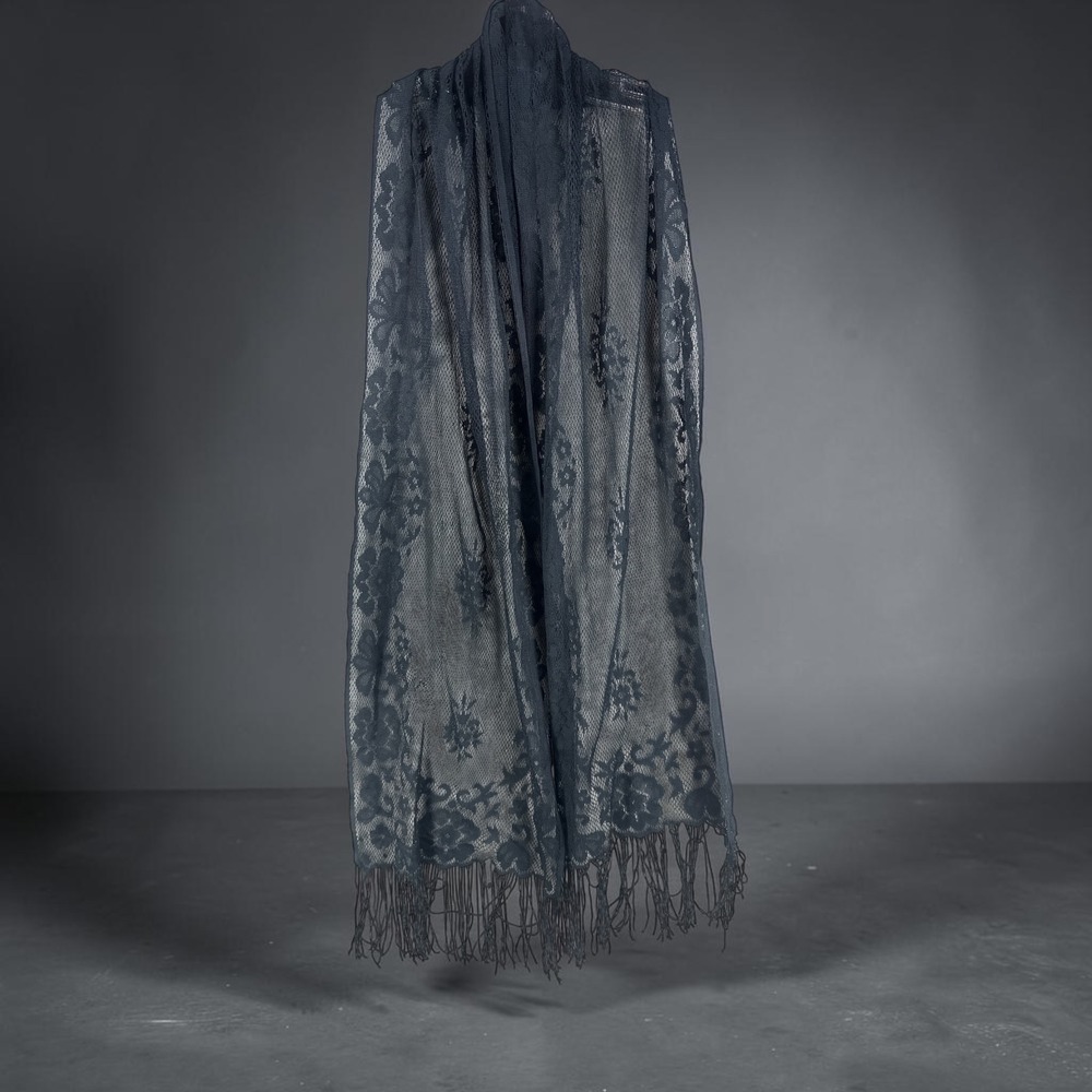 Black Floral Lace ShawlFringe Trim Sheer Evening Wrap Scarf Formal Cover Up